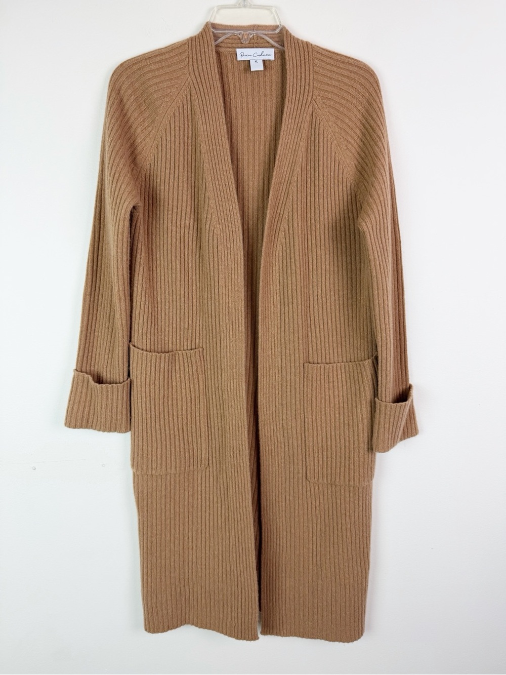 REVIVE CASHMERE Longline Wool & Cashmere Midi Rib Knit Open Front Cardigan Small